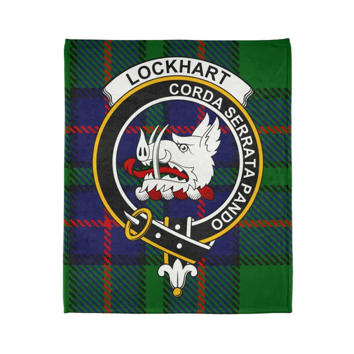 Clan Lockhart crest throw blanket — folded view showing tartan pattern and boar's head design