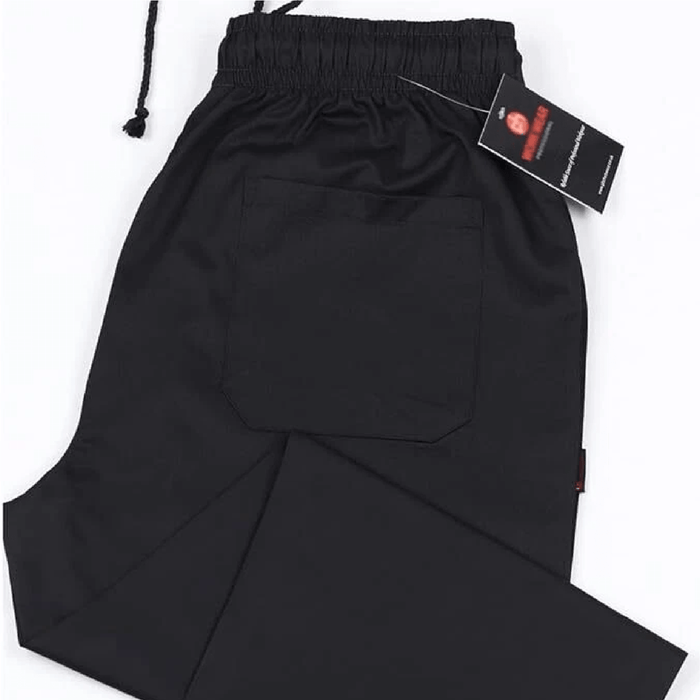 Black drawstring work trouser with a tag and back pocket look on a white background