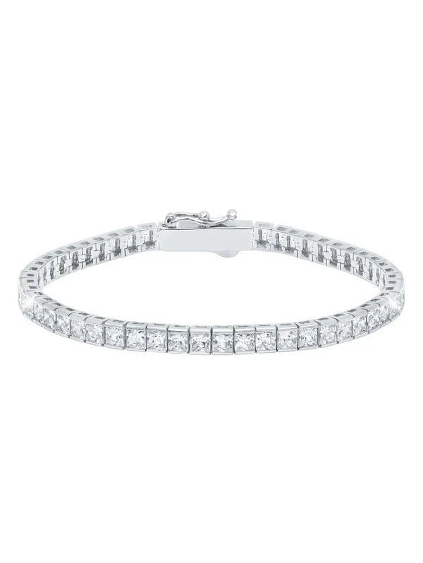 A medium-sized princess tennis bracelet made of platinum, featuring a series of round cut cubic zirconia stones set in a chain-link design.