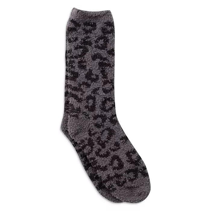 A pair of women's socks with a leopard print pattern in gray tones.