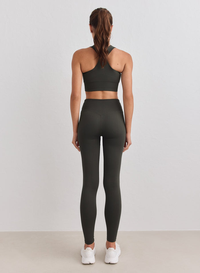 Dark Ivy Ribbed Seamless Tights by aim'n with a high waist and matching top, shown from behind. [S-178cm]