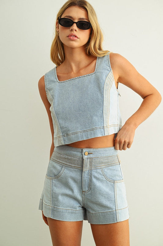Denim Color Block Shorts