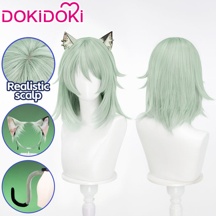 DokiDoki Anime Chainsmoker Cat Cosplay Sato Yaniko Wig / Ears / Tail Short Curly Pale Green Hair Yani Neko