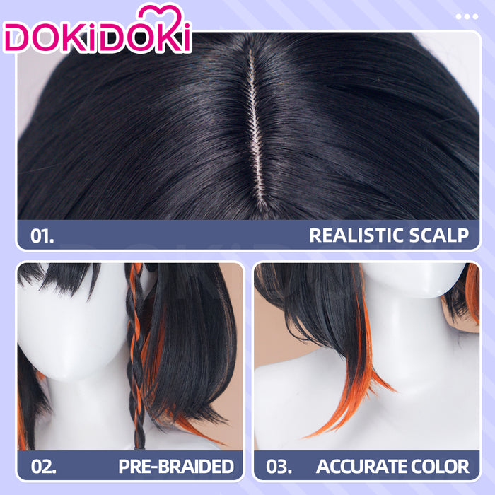 DokiDoki Game Arknights Cosplay Jie Wig Short Straight Black Orange Highlight Hair Pre Braided