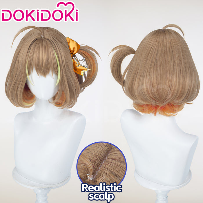DokiDoki Game Cosplay Idol Star Wig Short Curly Brown Green Highlight Hair Pre Braided