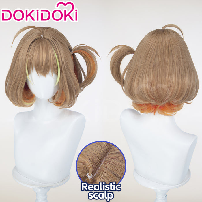 DokiDoki Game Cosplay Idol Star Wig Short Curly Brown Green Highlight Hair Pre Braided