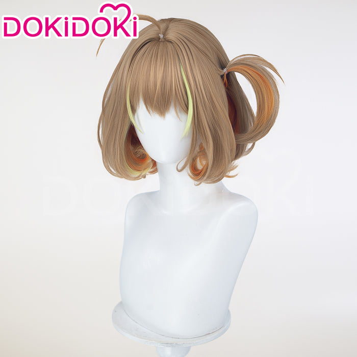 DokiDoki Game Cosplay Idol Star Wig Short Curly Brown Green Highlight Hair Pre Braided
