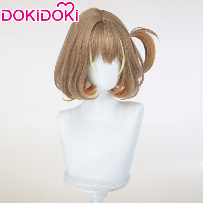 DokiDoki Game Cosplay Idol Star Wig Short Curly Brown Green Highlight Hair Pre Braided