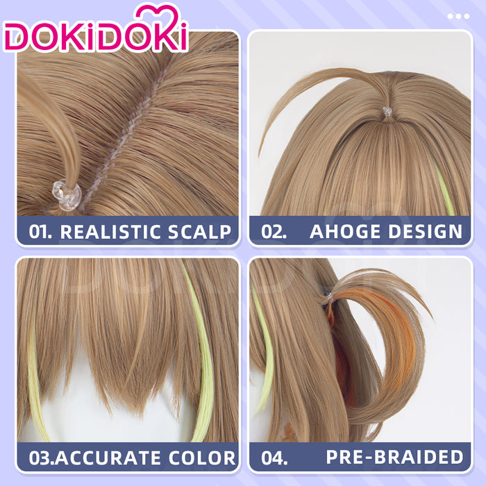 DokiDoki Game Cosplay Idol Star Wig Short Curly Brown Green Highlight Hair Pre Braided