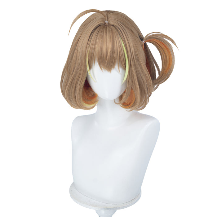 DokiDoki Game Cosplay Idol Star Wig Short Curly Brown Green Highlight Hair Pre Braided
