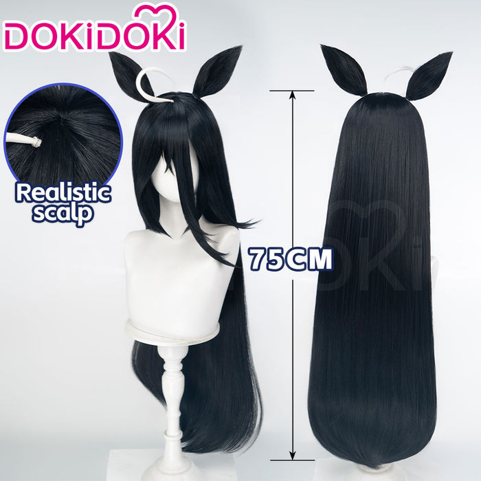 DokiDoki Game Cosplay Wig Long Straight Black Hair Detachable Ears