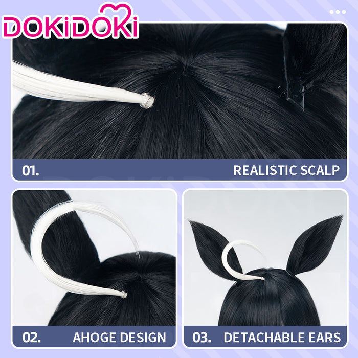 DokiDoki Game Cosplay Wig Long Straight Black Hair Detachable Ears