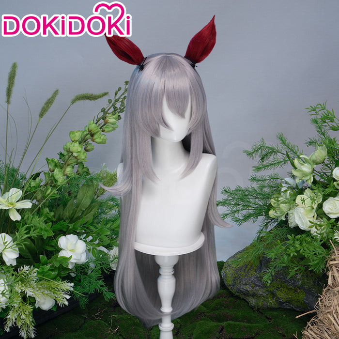 DokiDoki Game Cosplay Wig Long Straight Silver Hair Red Detachable Ears