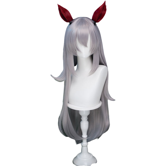 DokiDoki Game Cosplay Wig Long Straight Silver Hair Red Detachable Ears
