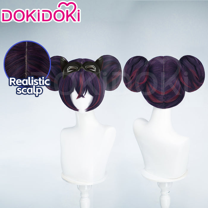 DokiDoki Game Cosplay Wig Short Straight Purple Red Highlight Hair Double Bun