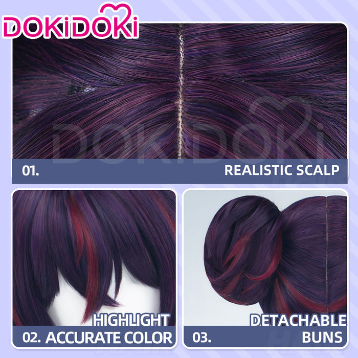 DokiDoki Game Cosplay Wig Short Straight Purple Red Highlight Hair Double Bun
