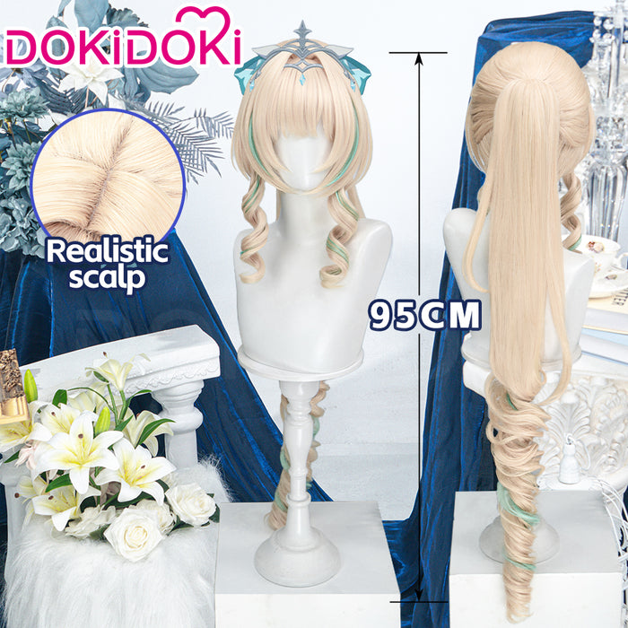 DokiDoki Game Genshin Impact Cosplay Vesna Wig Long Curly Blonde Green Highlight Hair Ponytail Snezhnaya Sudden Snow
