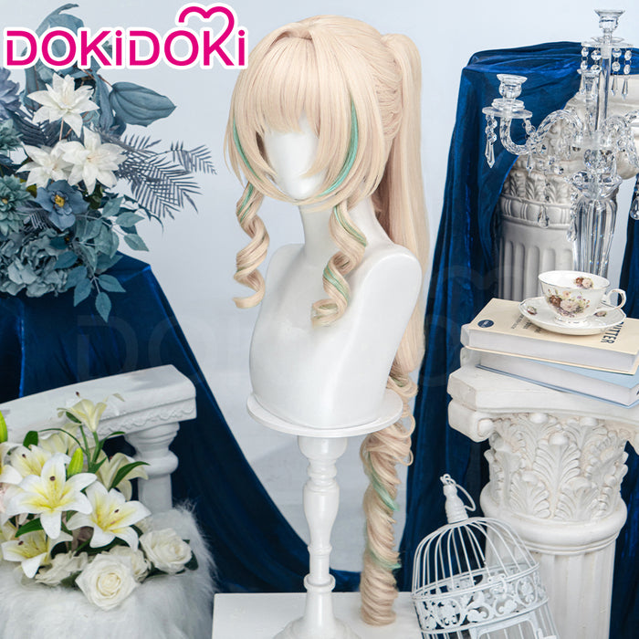 DokiDoki Game Genshin Impact Cosplay Vesna Wig Long Curly Blonde Green Highlight Hair Ponytail Snezhnaya Sudden Snow