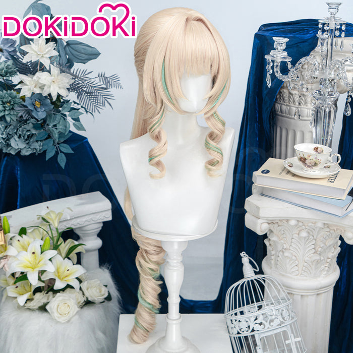 DokiDoki Game Genshin Impact Cosplay Vesna Wig Long Curly Blonde Green Highlight Hair Ponytail Snezhnaya Sudden Snow