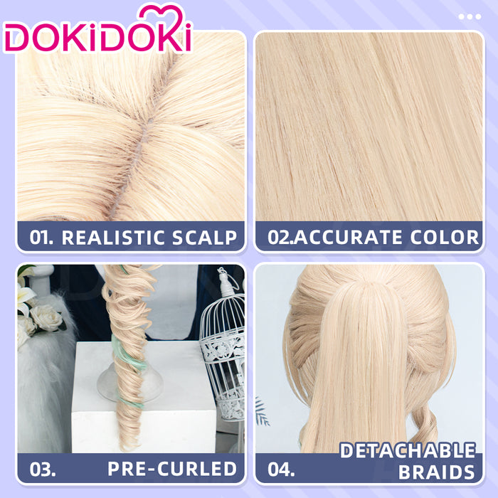 DokiDoki Game Genshin Impact Cosplay Vesna Wig Long Curly Blonde Green Highlight Hair Ponytail Snezhnaya Sudden Snow