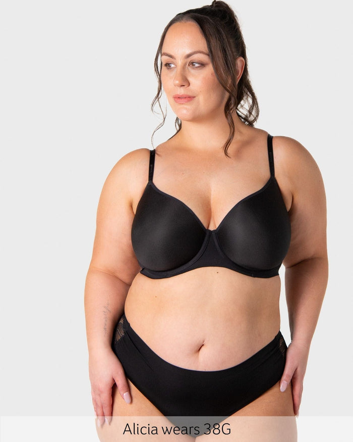 Effortless Sculpt Bra Black — full bust t-shirt bra with underarm smoothing panel — Hotmilk Evolve