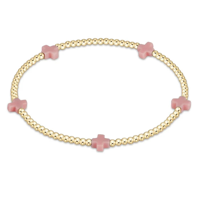 egirl- Signature Cross Gold Pattern 2mm Bead Bracelet- Bright Pink