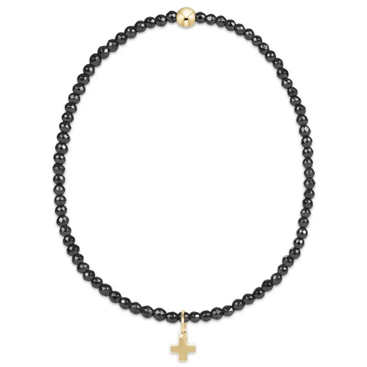 EN- Faceted Hematite 2mm Bead Bracelet-Signature Cross Gold Charm