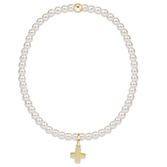 EN-Classic Pearl 3mm Bead Bracelet-Sig. Cross Gold Charm