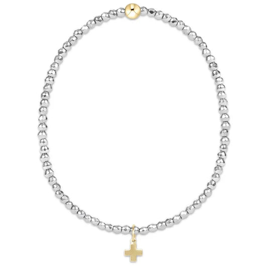 EN-Silver Faceted Hematite 2mm Bead Bracelet-Signature Cross Gold Charm