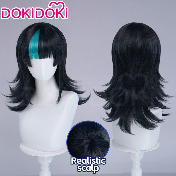 【EU Local Shipping】DokiDoki Anime Cosplay Wig Long Curly Black Cyan Highlight Hair