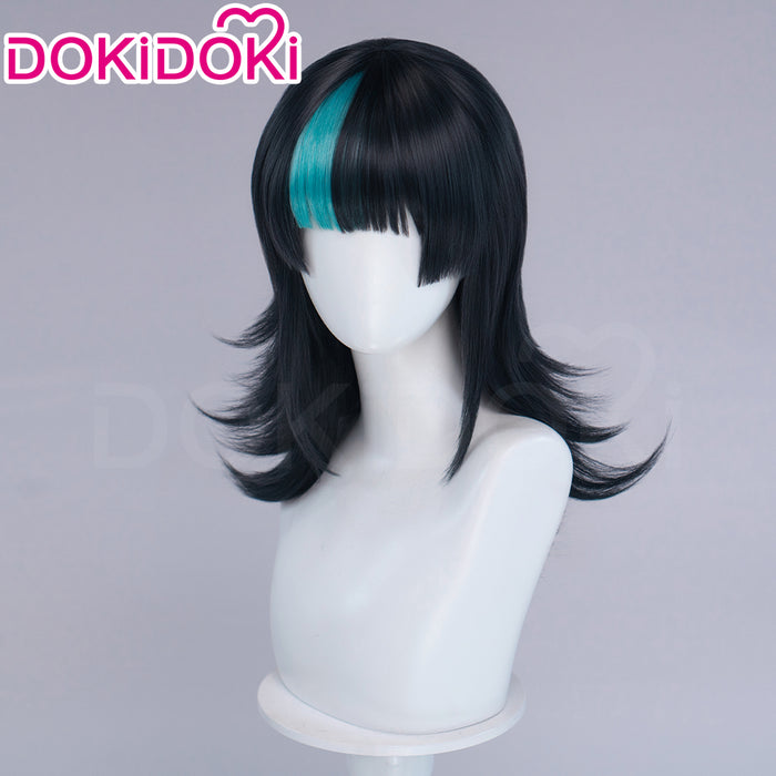 【EU Local Shipping】DokiDoki Anime Cosplay Wig Long Curly Black Cyan Highlight Hair