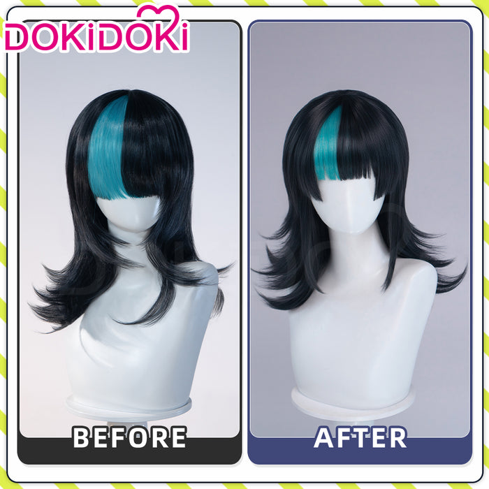【EU Local Shipping】DokiDoki Anime Cosplay Wig Long Curly Black Cyan Highlight Hair