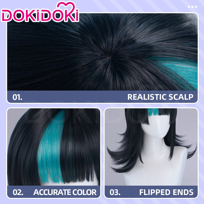 【EU Local Shipping】DokiDoki Anime Cosplay Wig Long Curly Black Cyan Highlight Hair