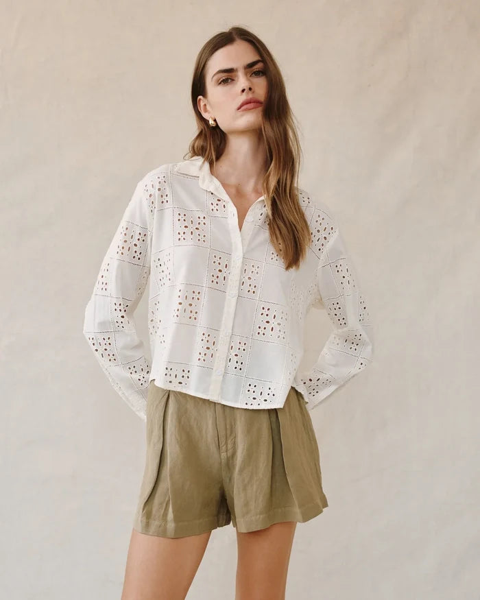 Eyelet Contrast Button Down-Ivory