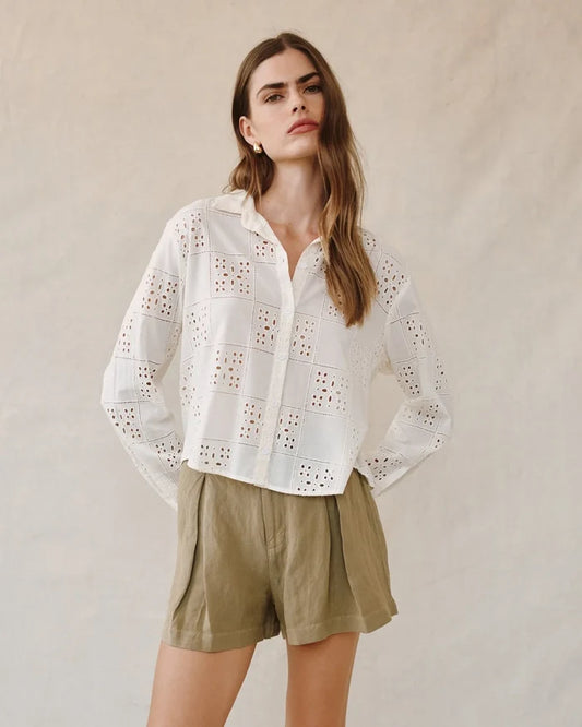 Eyelet Contrast Button Down-Ivory