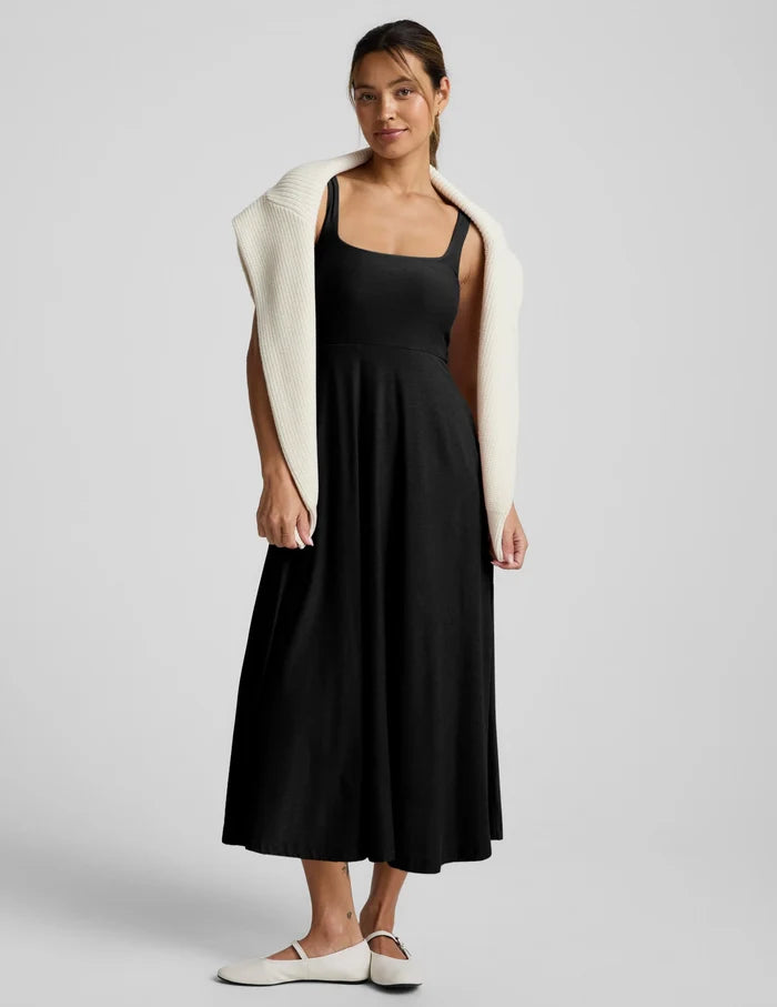 Featherweight at the Square neck Midi Dress-Darkest Night