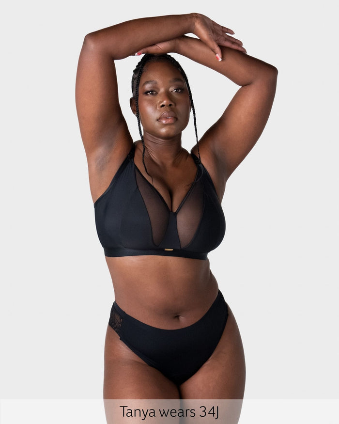 Flawless Full Cup Plunge Nursing Bra in Black — sheer lace plunge nursing bra with flexiwire — Hotmilk Lingerie