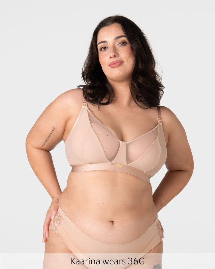 Model wearing the Hotmilk Flawless Plunge Wirefree Nursing Bra in Cashmere with matching briefs – full body front view showing sheer plunge neckline, three-piece cup construction, and gold Hotmilk hardware