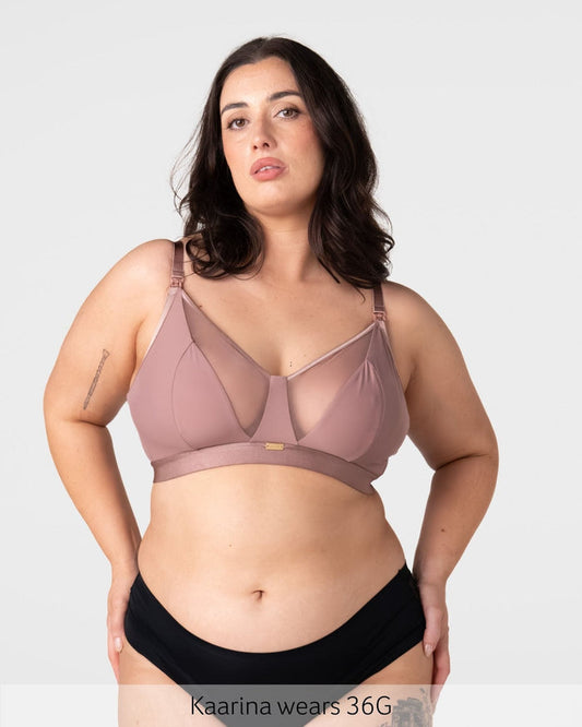 Fuller bust nursing bra for breastfeeding, Hotmilk Flawless Rose Dust plunge maternity bra, Kaarina wears 14F up to J cup