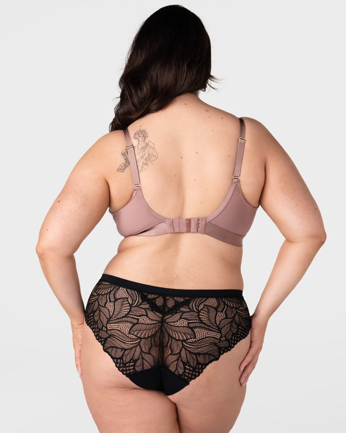Back view of Hotmilk Flawless nursing bra in Rose Dust showing 6-hook closure and double-layer back support for maternity
