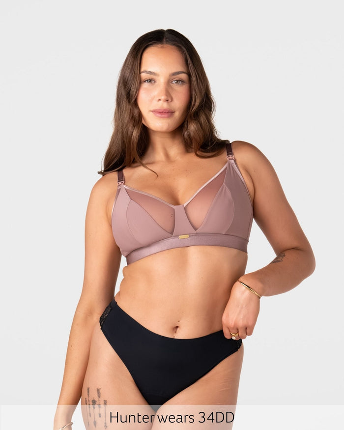 Hotmilk Flawless wirefree plunge nursing bra in Rose Dust with sheer neckline, Hunter wears size 12DD maternity bra