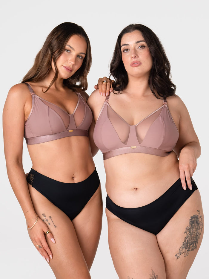 Hotmilk Flawless wirefree maternity and nursing bras in Rose Dust, inclusive sizing bands 10 to 20, D to J cup breastfeeding support
