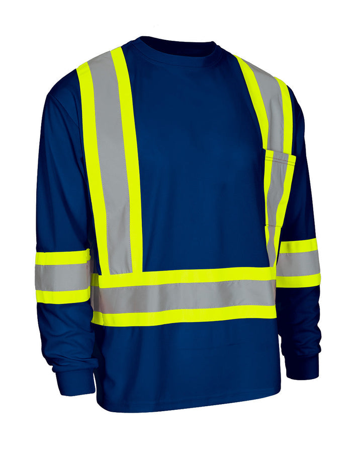 Forcefield Hi Vis Bamboo Fabric Crew Neck Long Sleeve Safety Tee with Chest Pocket