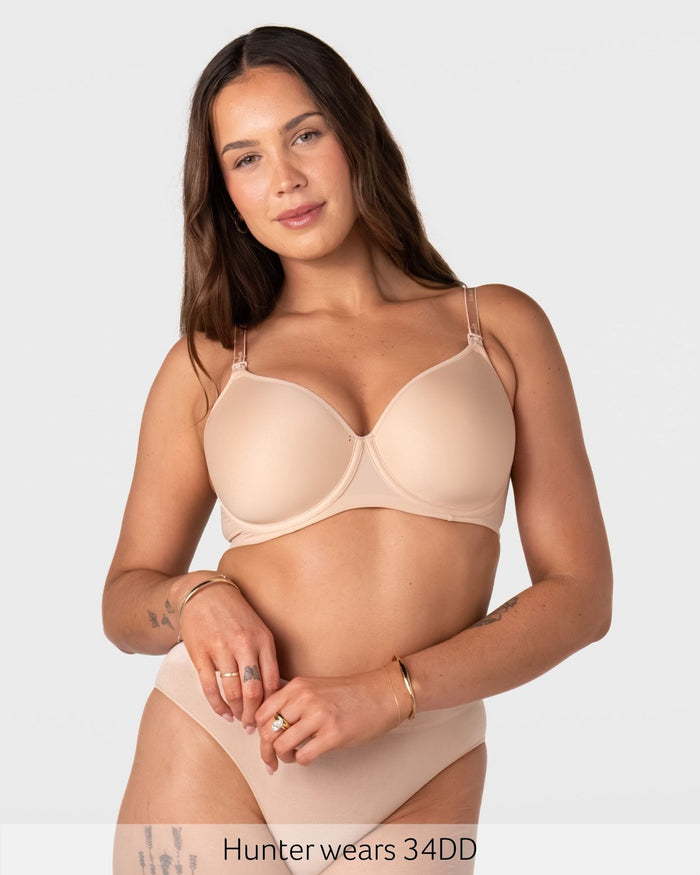 Model wearing the Hotmilk Forever New T-Shirt Nursing Bra in Frappe with matching briefs – full body front view showing flattering silhouette and everyday fit