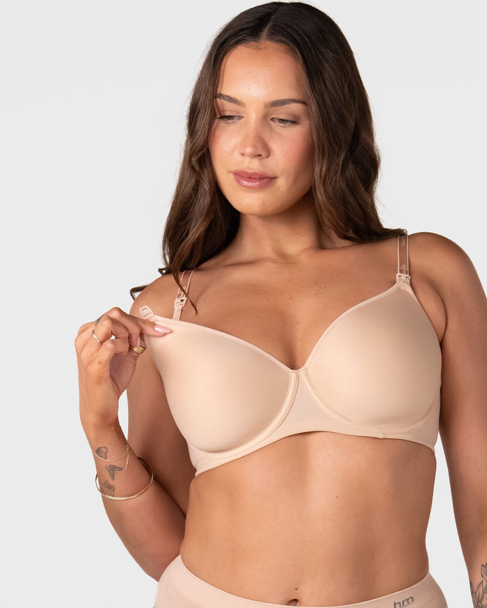Model demonstrating one-handed nursing clip release on the Hotmilk Forever New T-Shirt Nursing Bra in Frappe – showing easy breastfeeding access