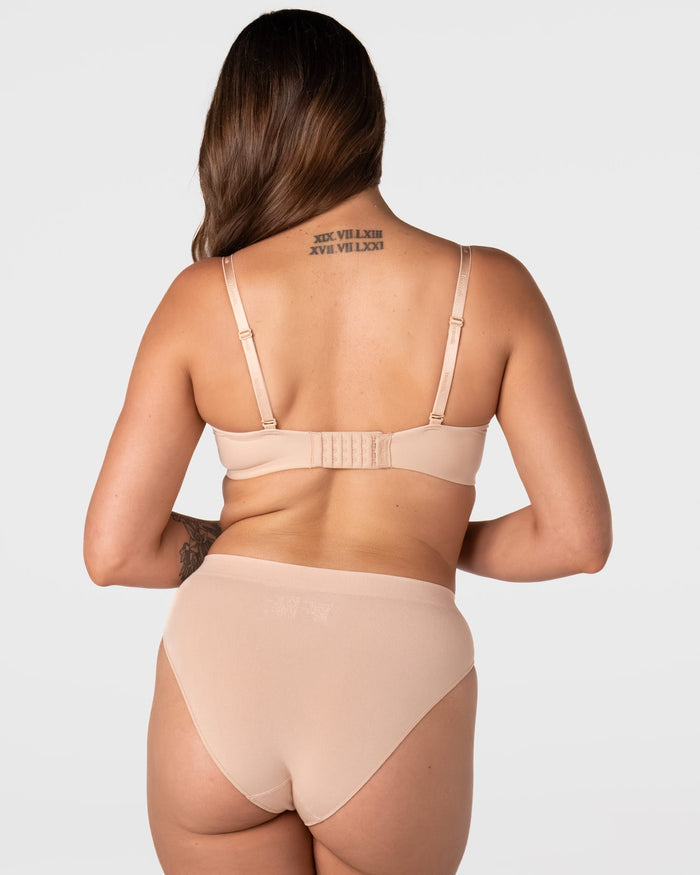 Rear view of the Hotmilk Forever New T-Shirt Nursing Bra in Frappe – showing multi-hook back closure, fully adjustable straps, and smooth band