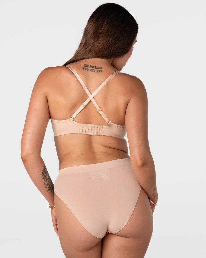 Rear view of the Hotmilk Forever New T-Shirt Nursing Bra in Frappe worn in racerback configuration – showing crossed adjustable straps and multi-hook back closure