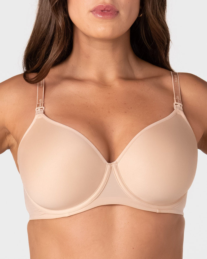 Hotmilk Forever New T-Shirt Nursing Bra in Frappe – close-up front view showing smooth moulded cups, low centre front, and branded adjustable straps
