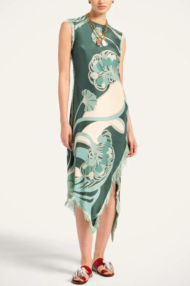 Fringe Trim Floral Shift Dress-Jade