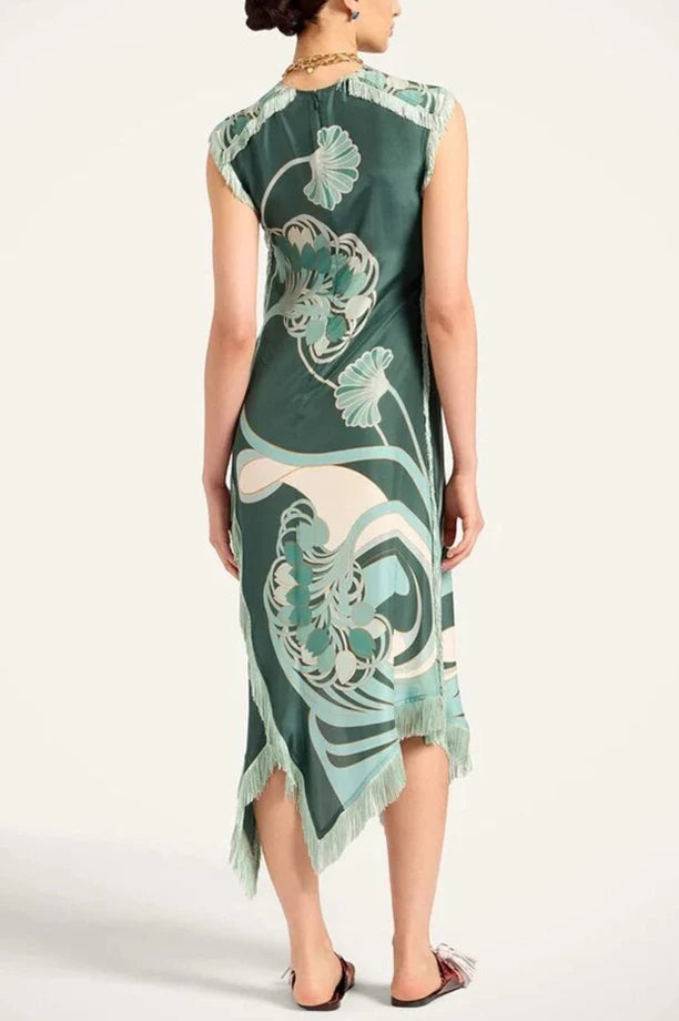 Fringe Trim Floral Shift Dress-Jade